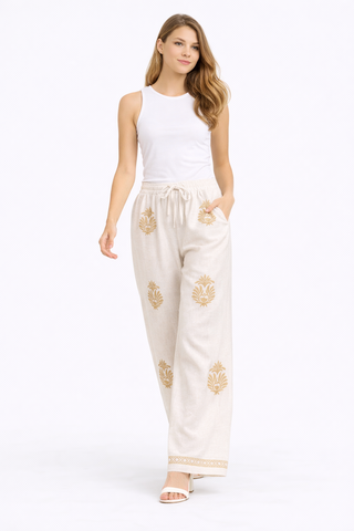 Linen Boho Tribal Pattern Embroidered Wide-Leg Pants W/ Drawstring & Pockets