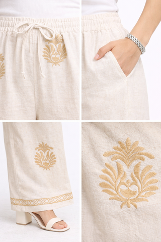 Linen Boho Tribal Pattern Embroidered Wide-Leg Pants W/ Drawstring & Pockets