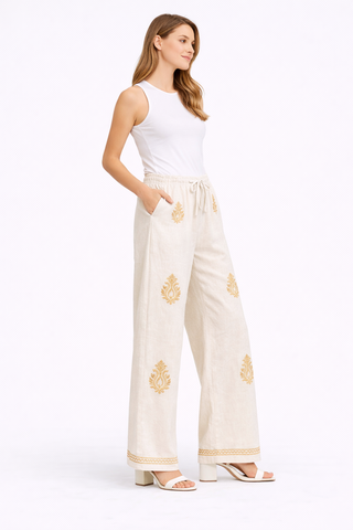 Linen Boho Tribal Pattern Embroidered Wide-Leg Pants W/ Drawstring & Pockets