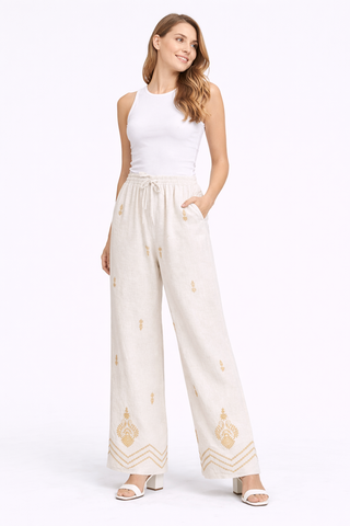 Linen Boho Tribal Pattern Embroidered Wide-Leg Pants W/ Drawstring & Pockets
