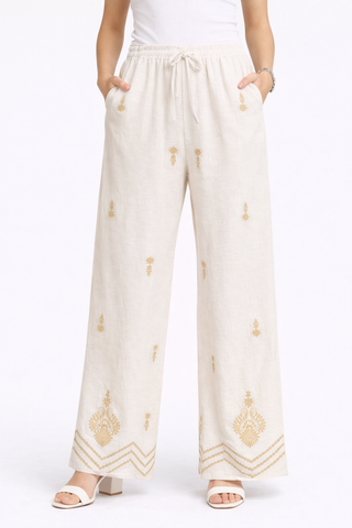 Linen Boho Tribal Pattern Embroidered Wide-Leg Pants W/ Drawstring & Pockets