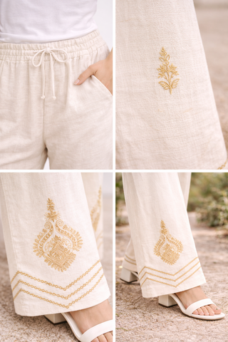 Linen Boho Tribal Pattern Embroidered Wide-Leg Pants W/ Drawstring & Pockets