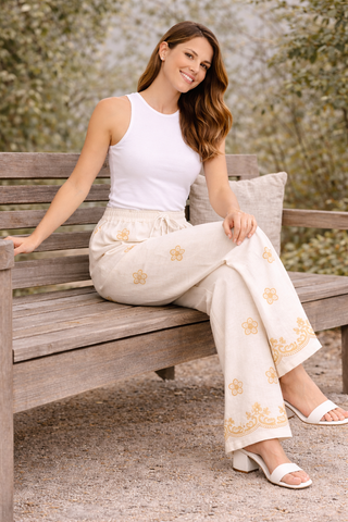 Linen Floral Embroidered Wide-Leg Pants W/ Drawstring & Pockets